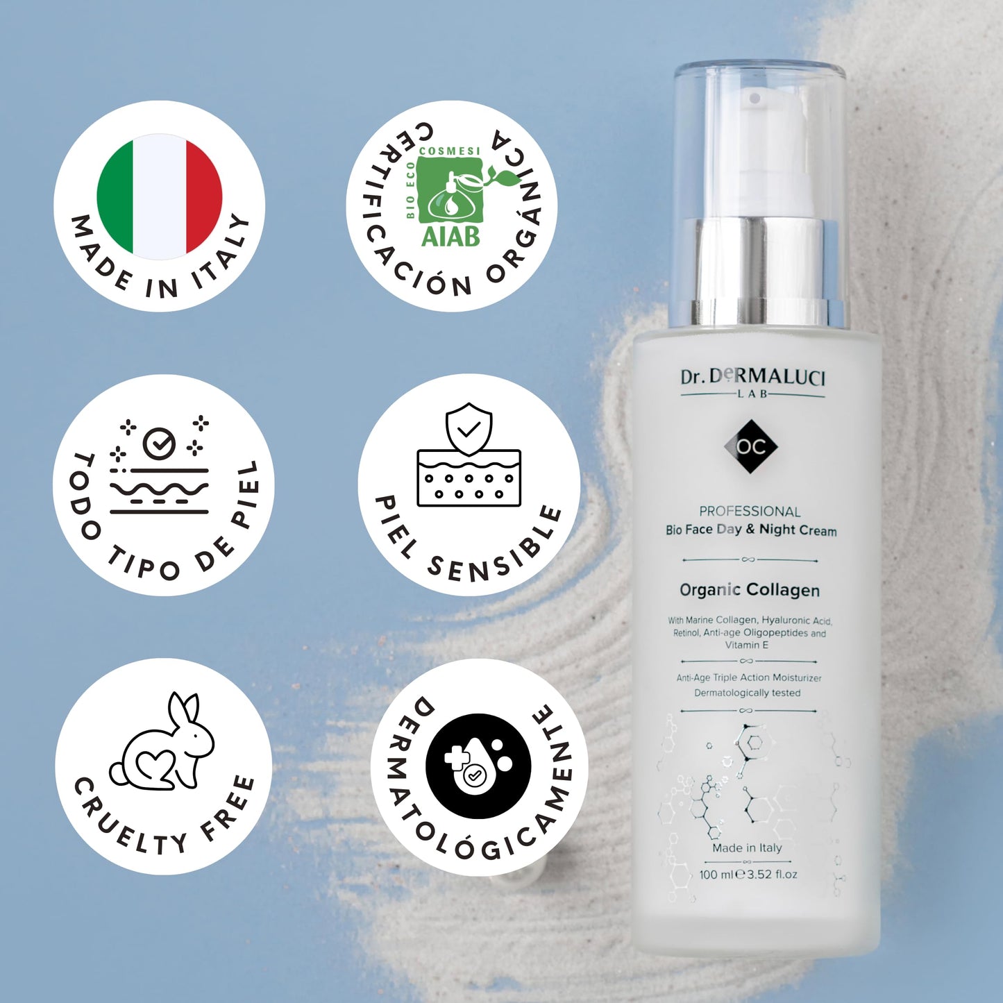 Crema Facial Hidratante 100ML BIO | Antiedad, Antirrugas, Reafirmante Dia Noche | Con Colageno Marino, Retinol, Acido Hialuronico, Vit E | Peptidos Aloe Vera | Dermatologicamente Testada Made in Italy