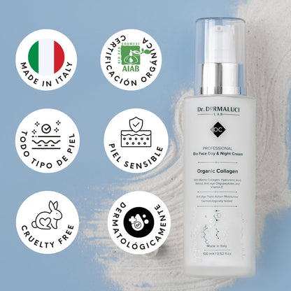 Crema Facial Hidratante 100ML BIO | Antiedad, Antirrugas, Reafirmante Dia Noche | Con Colageno Marino, Retinol, Acido Hialuronico, Vit E | Peptidos Aloe Vera | Dermatologicamente Testada Made in Italy