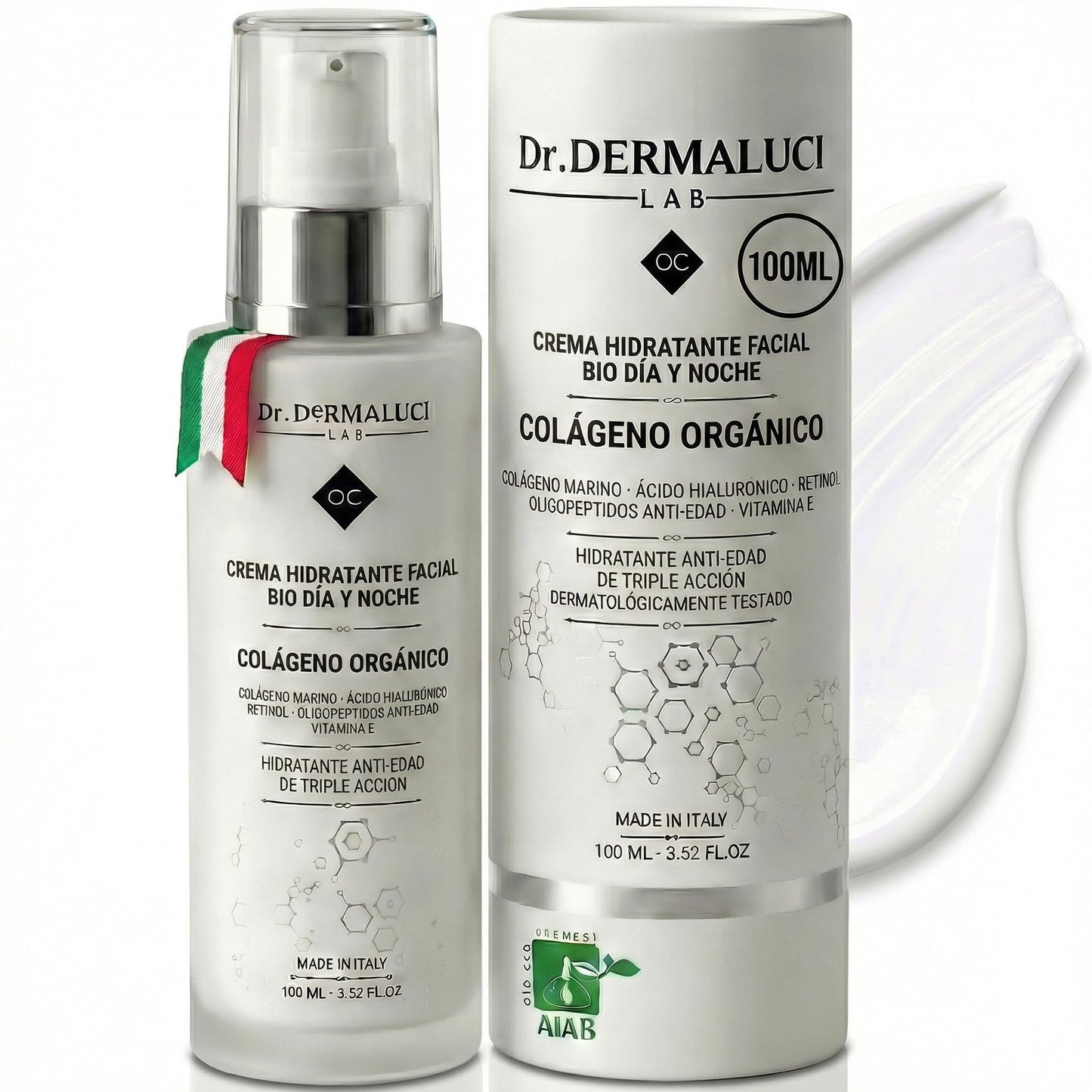 Crema Facial Hidratante 100ML BIO | Antiedad, Antirrugas, Reafirmante Dia Noche | Con Colageno Marino, Retinol, Acido Hialuronico, Vit E | Peptidos Aloe Vera | Dermatologicamente Testada Made in Italy