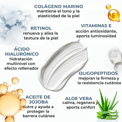 Crema Facial Hidratante 100ML BIO | Antiedad, Antirrugas, Reafirmante Dia Noche | Con Colageno Marino, Retinol, Acido Hialuronico, Vit E | Peptidos Aloe Vera | Dermatologicamente Testada Made in Italy